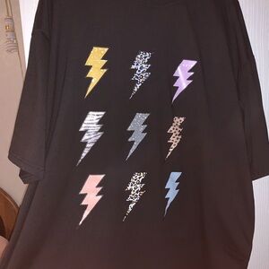 Black T-Shirt with Colorful Lightning Bolts